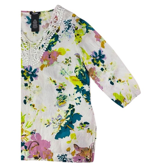 PREMISE Tunic Belize City Floral Print Crochet Detail Top Six Medium Linen Blend - Picture 3 of 9